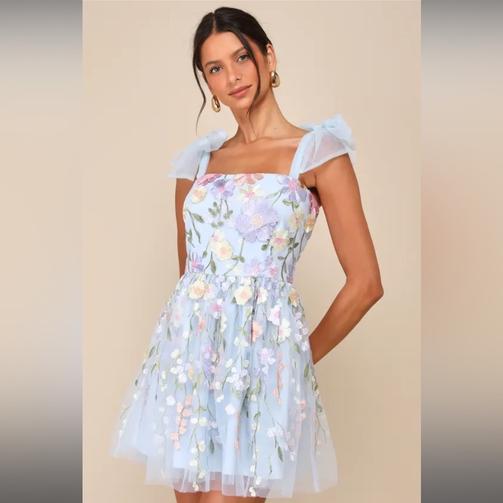 Lulus Classic Romance Blue 3D Floral Appliqué Tie-Strap Mini Dress